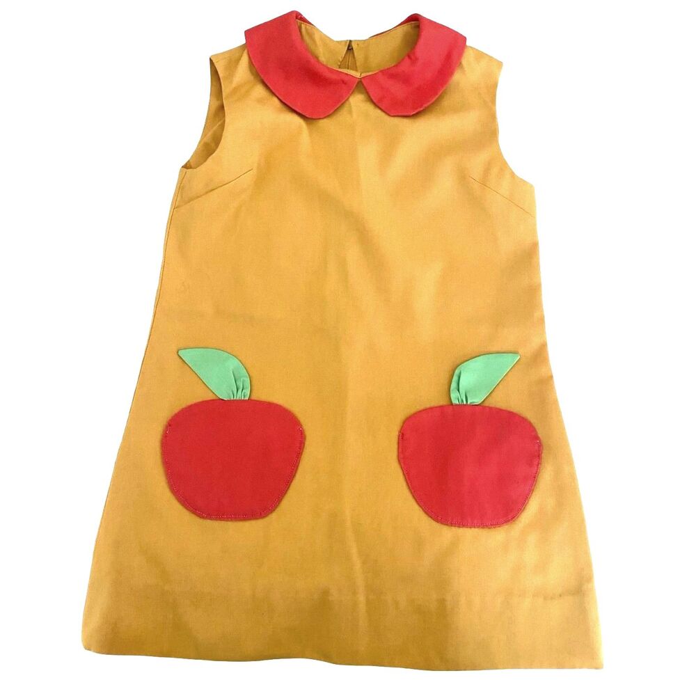 Handmade Girls 6 A-Line Jumper Dress Yellow Red Apple Peter Pan Collar 60s Style